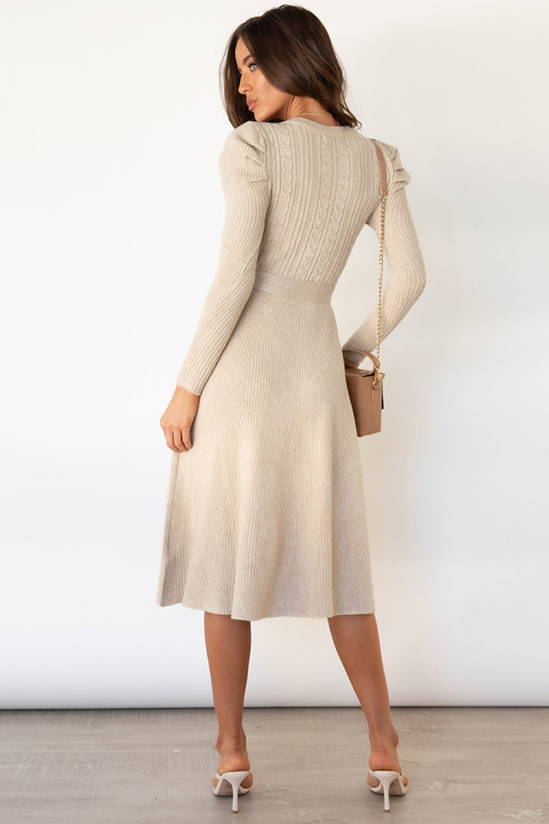 Round Neck Long Sleeve Tie Waist Sweater Dress PINKCOLADA