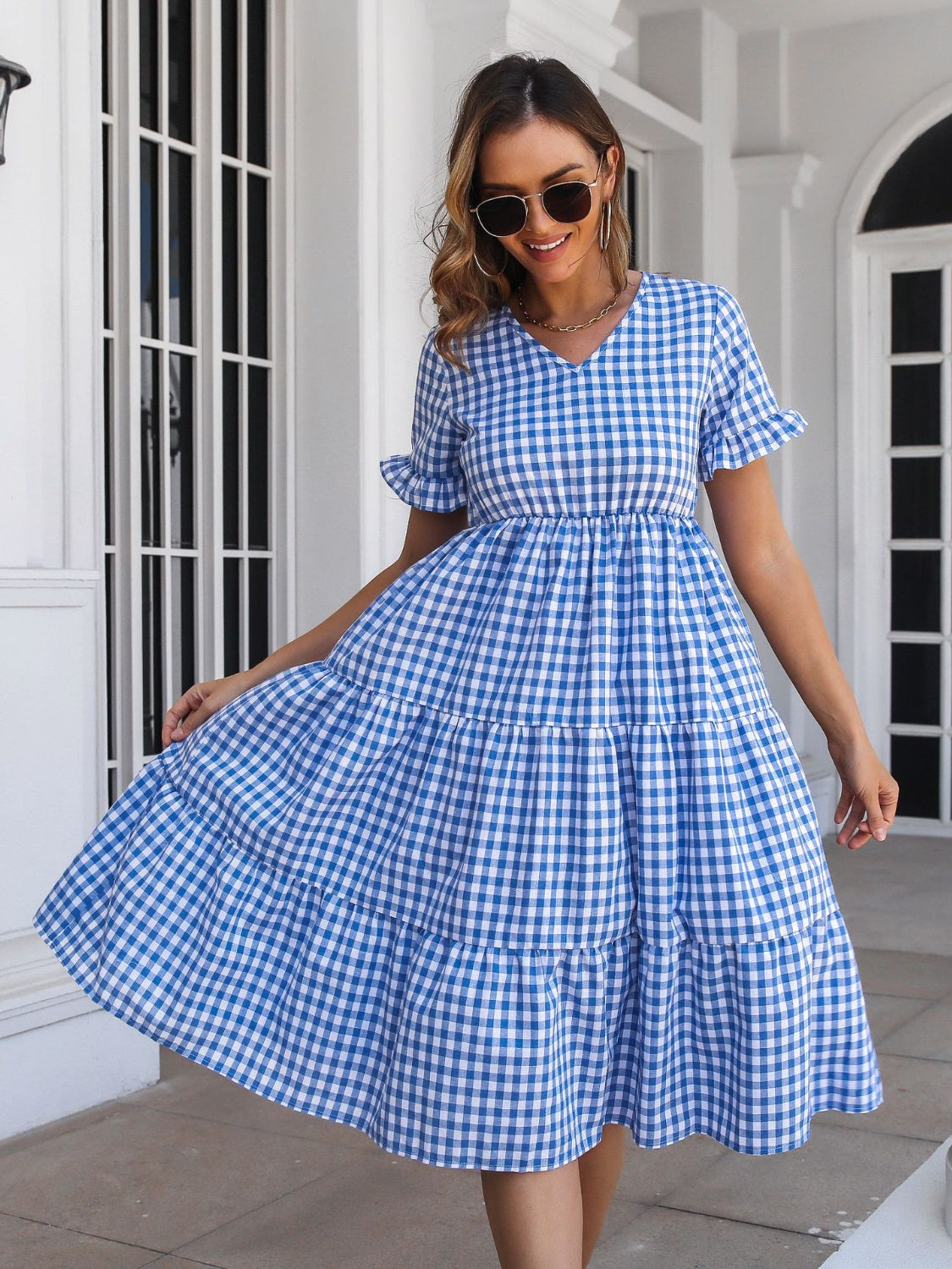 YURIA PLAID BLUE SHORT SLEEVE MIDI DRESS