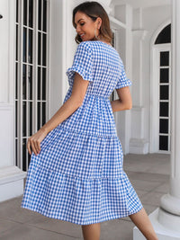 YURIA PLAID BLUE SHORT SLEEVE MIDI DRESS