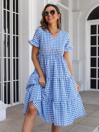 YURIA PLAID BLUE SHORT SLEEVE MIDI DRESS