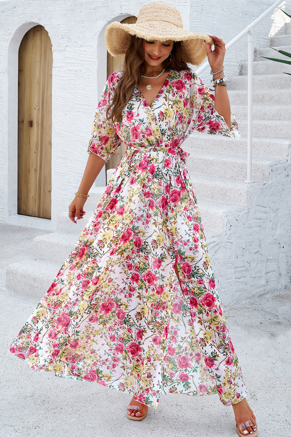 Devine Printed Tied Half Sleeve Slit Dress