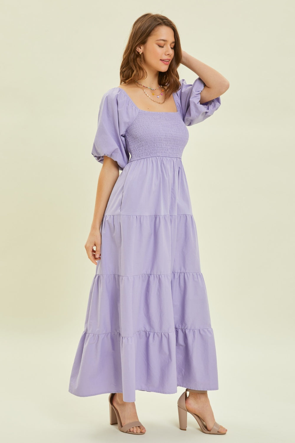 HEYSON Puff Sleeve Tiered Ruffled Poplin Dress