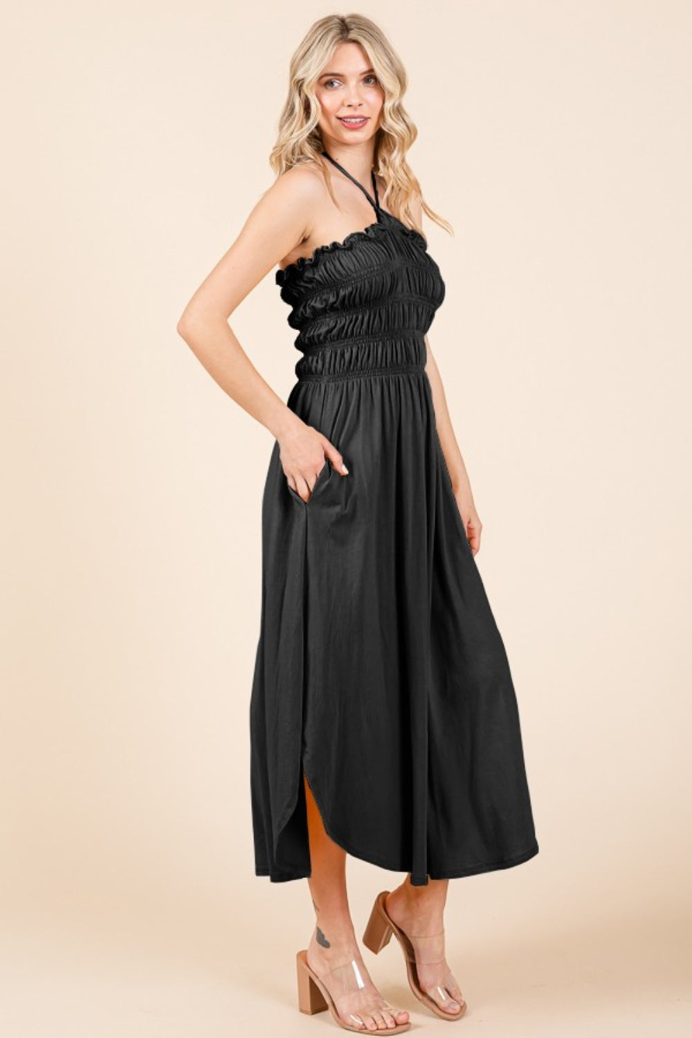 SENORTIA TIE BACK SHIRRING DRESS -BLACK