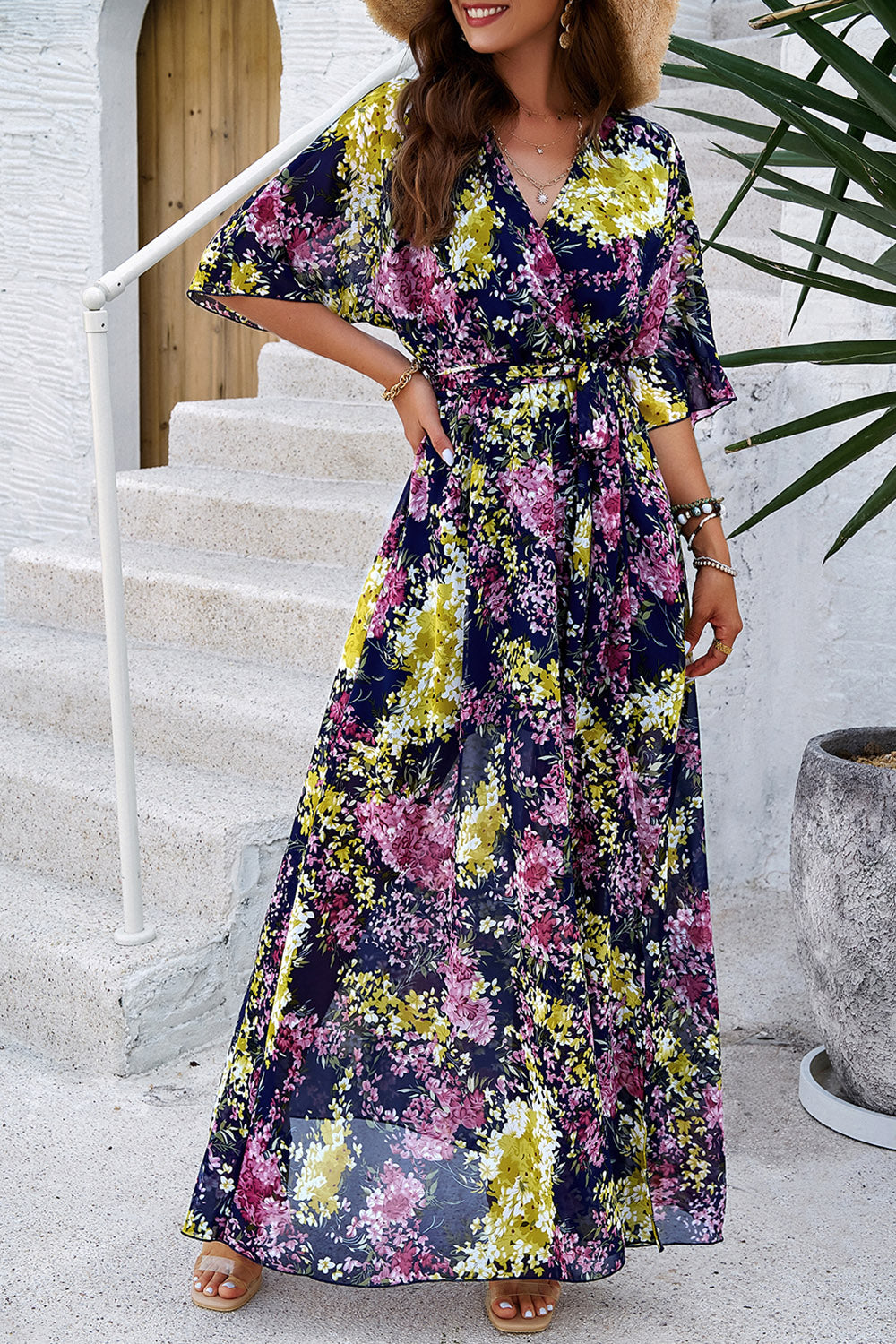 Devine Printed Tied Half Sleeve Slit Dress