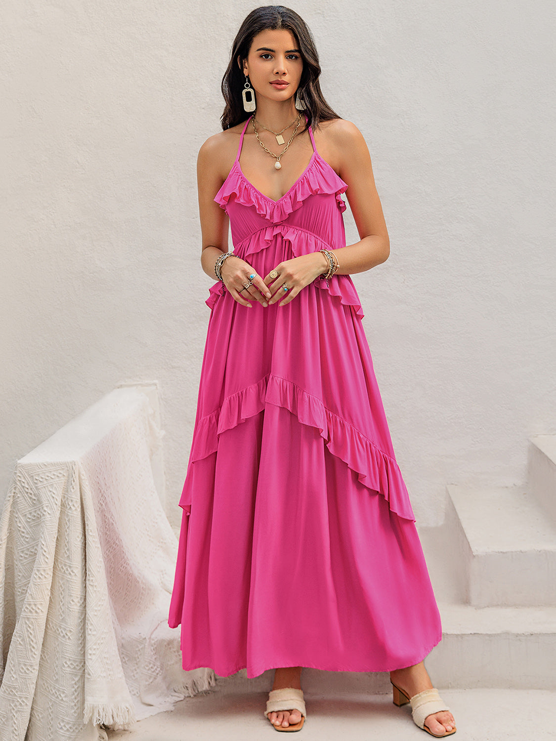 PINK BURST HALTER NECK MAXI DRESS