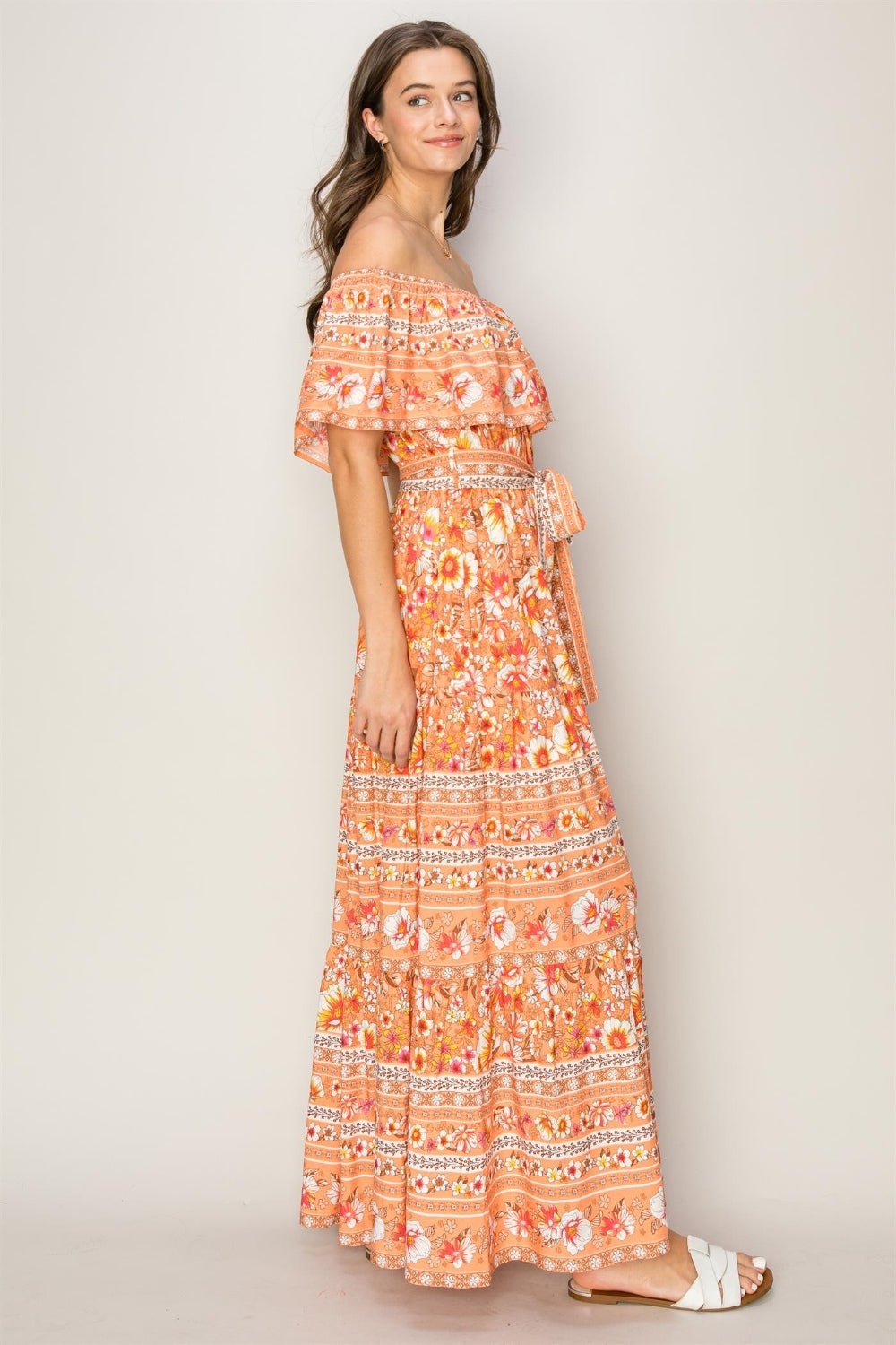 APRICOT FLORAL OFF THE SHOULDER TIE UP MAXI DRESS