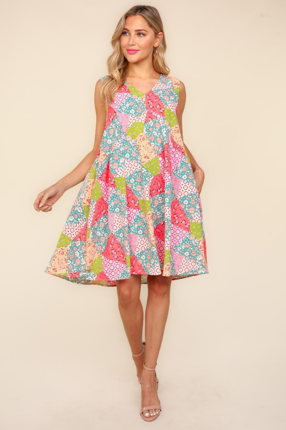 PEACHY SAGE FLORAL PATCHWORK DRESS