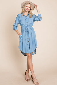 Faith Apparel Button Up Drawstring Shirt Dress