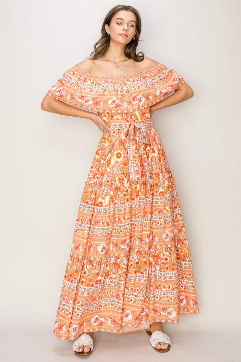 APRICOT FLORAL OFF THE SHOULDER TIE UP MAXI DRESS