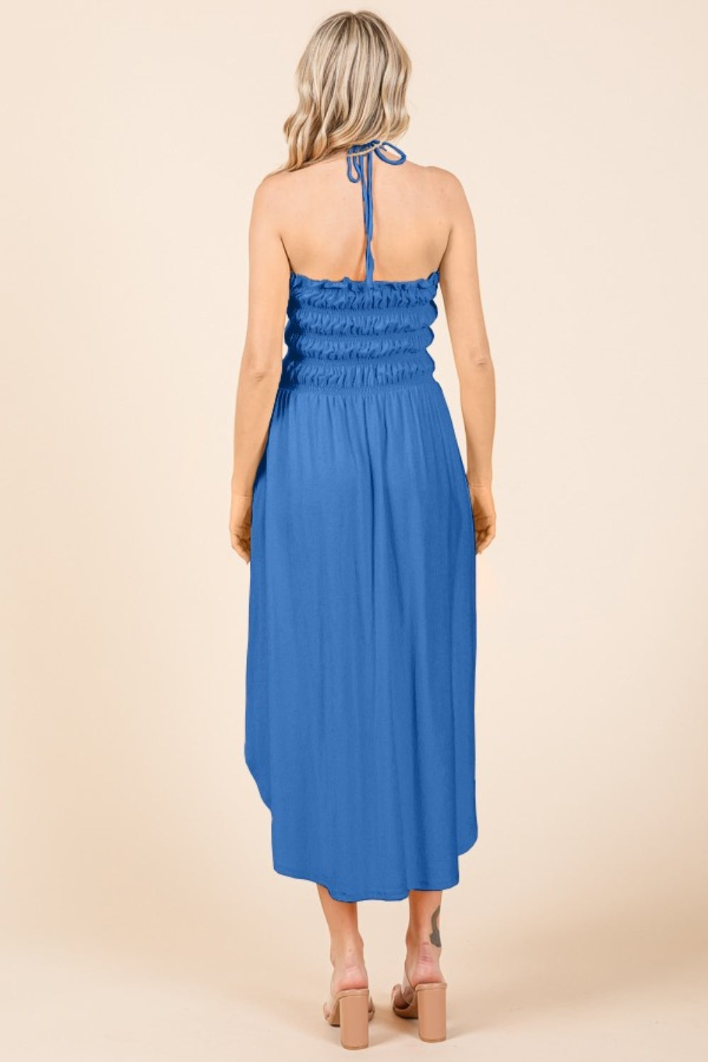 SENORTIA TIE BACK SHIRRING DRESS - BLUE