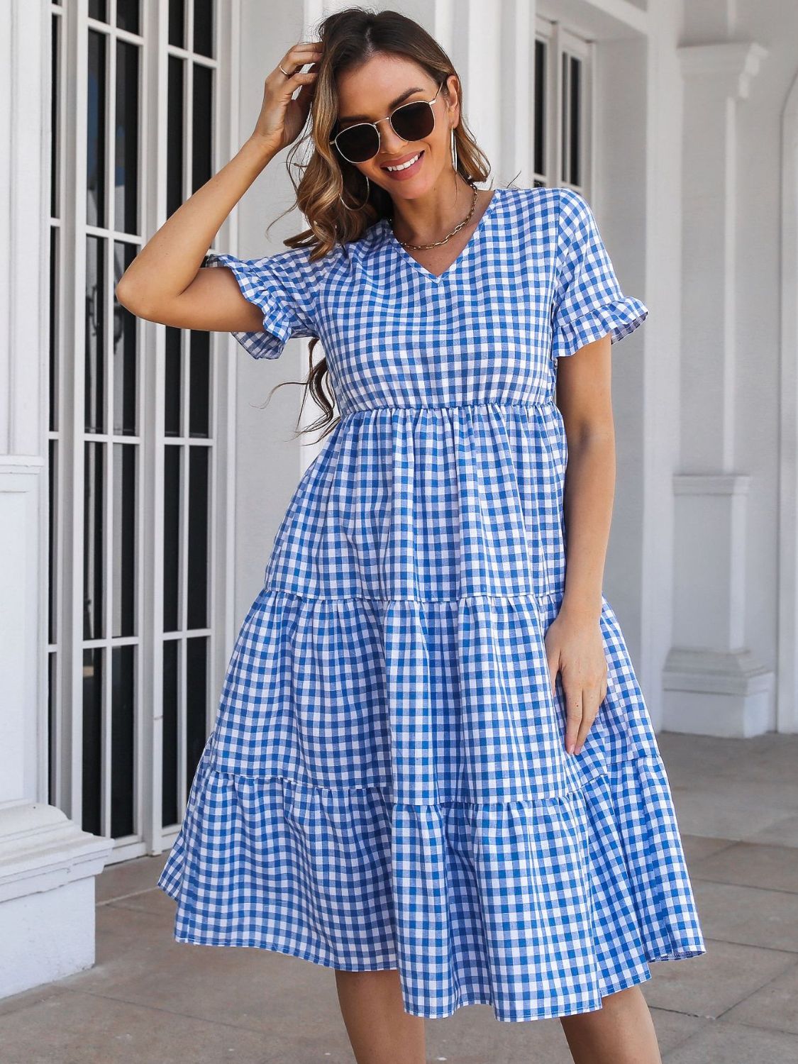 YURIA PLAID BLUE SHORT SLEEVE MIDI DRESS