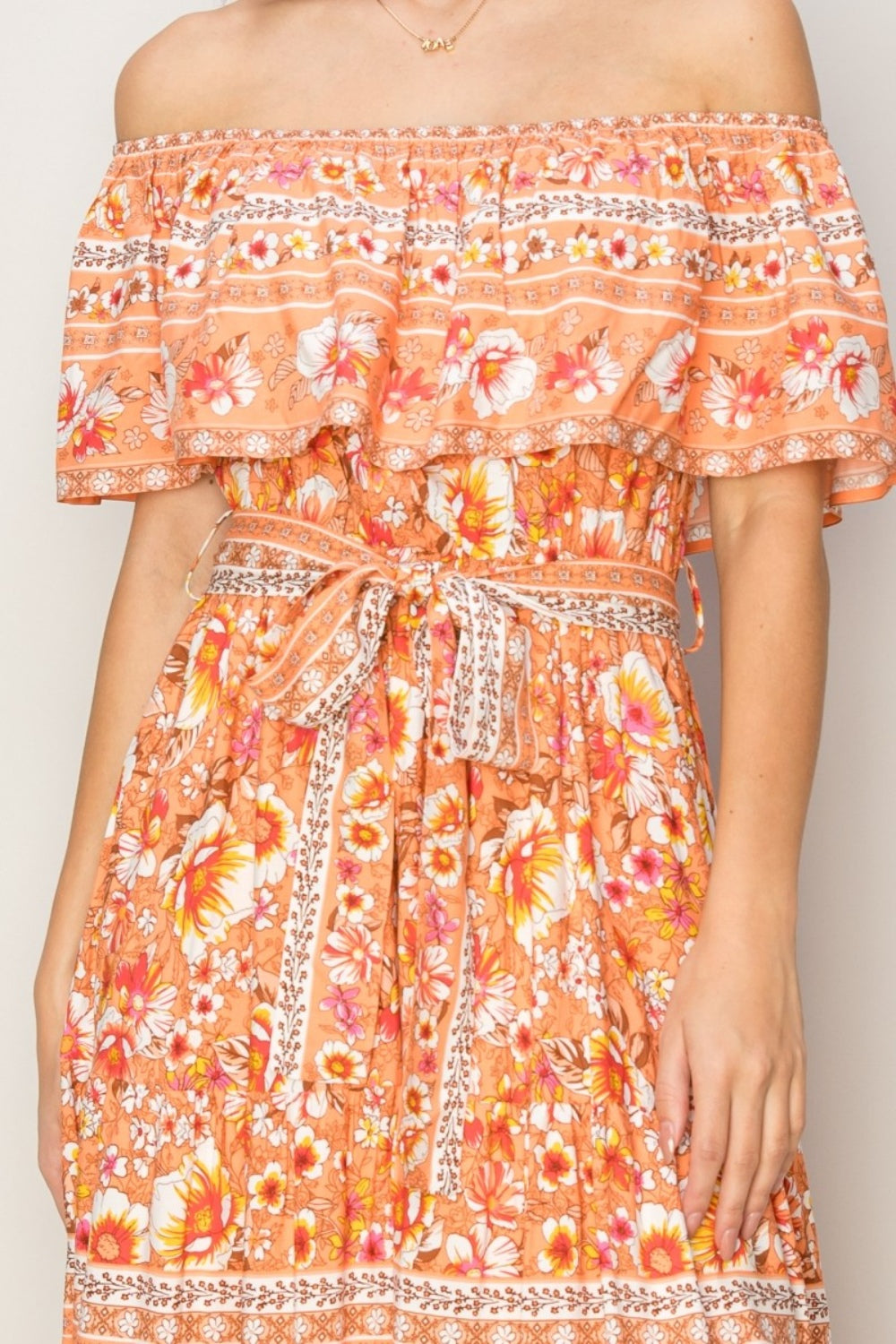 APRICOT FLORAL OFF THE SHOULDER TIE UP MAXI DRESS