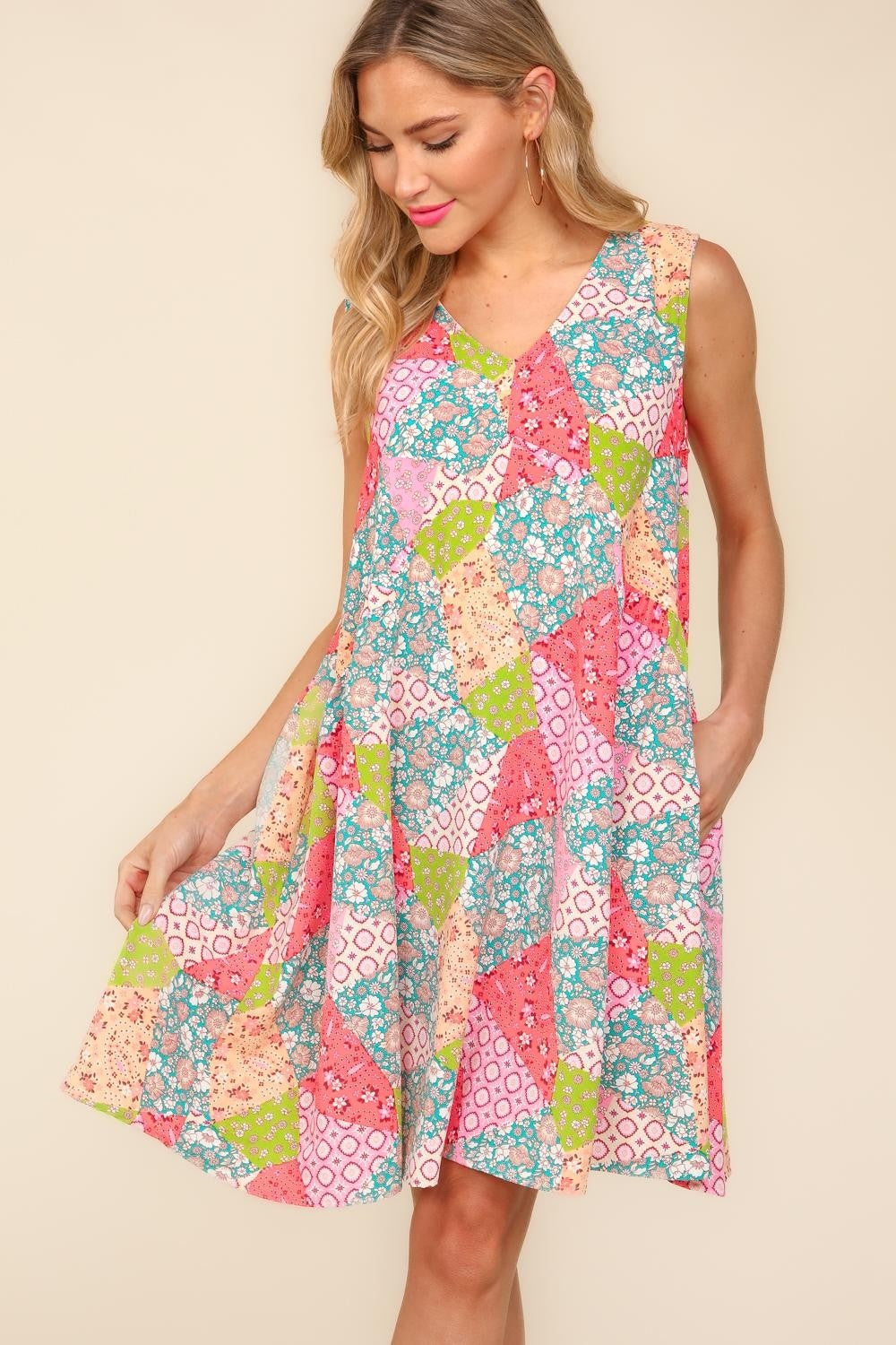 PEACHY SAGE FLORAL PATCHWORK DRESS