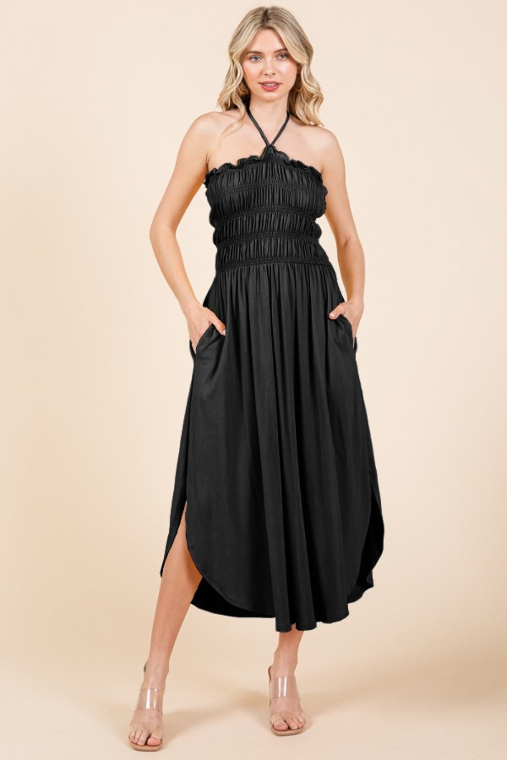 SENORTIA TIE BACK SHIRRING DRESS -BLACK