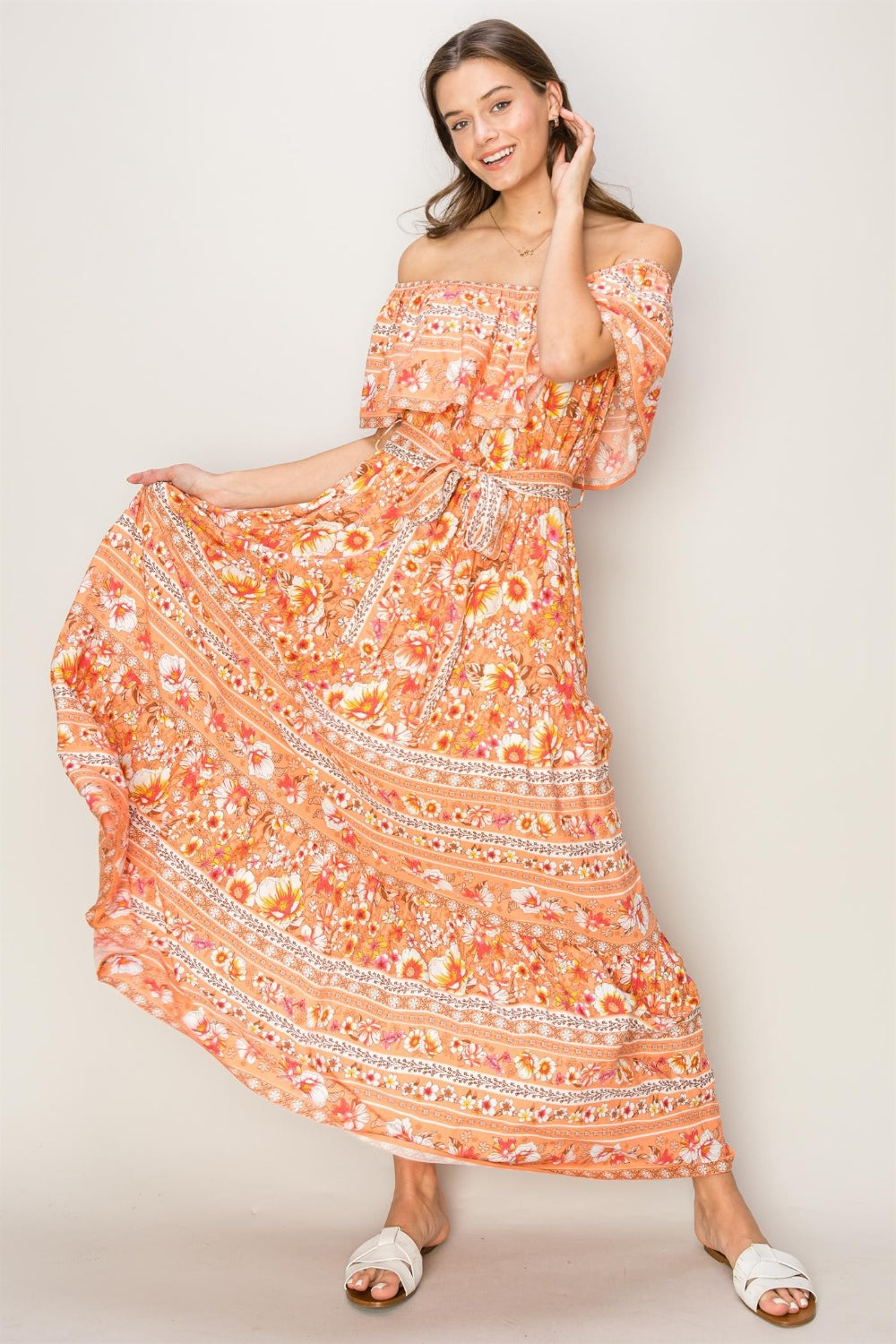 APRICOT FLORAL OFF THE SHOULDER TIE UP MAXI DRESS