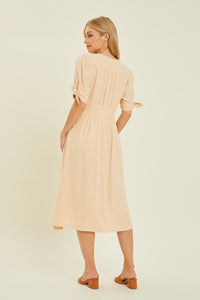 HEYSON Full Size Textured Linen V-Neck Button-Down Midi Dress