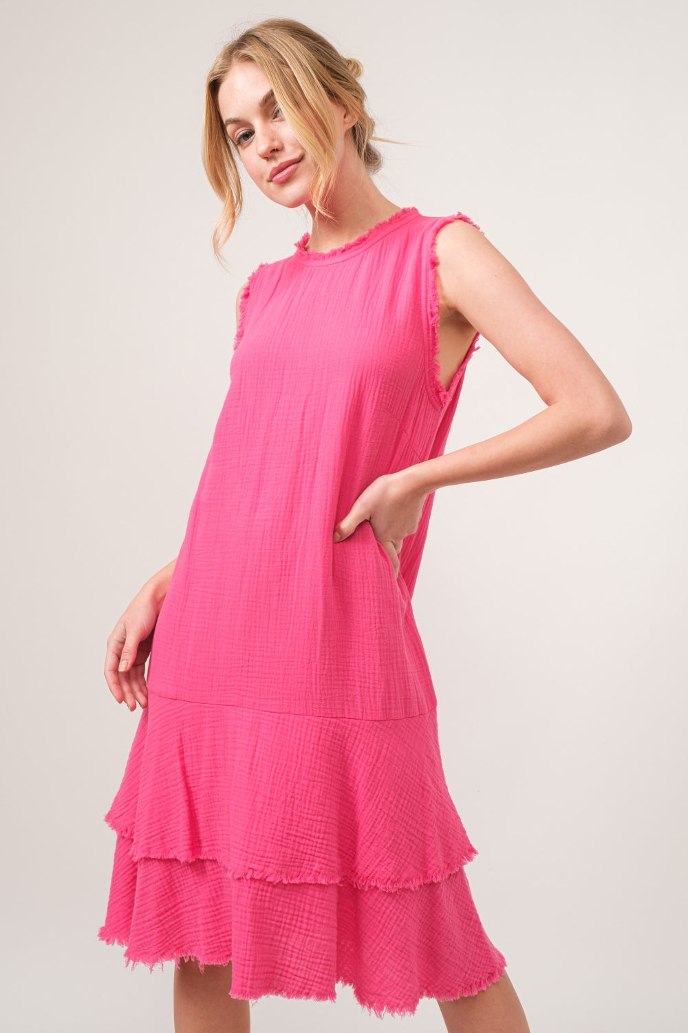 LOLITA FRINGE TIERED FUCHSIA DRESS