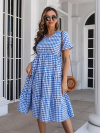 YURIA PLAID BLUE SHORT SLEEVE MIDI DRESS