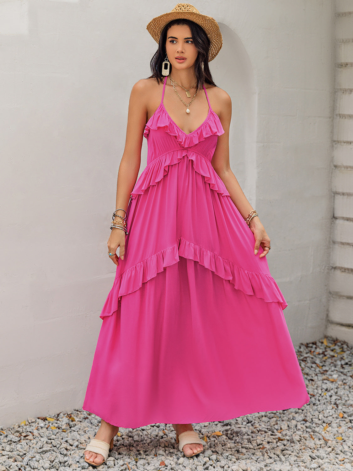 PINK BURST HALTER NECK MAXI DRESS