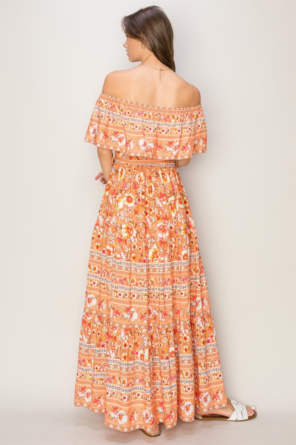 APRICOT FLORAL OFF THE SHOULDER TIE UP MAXI DRESS