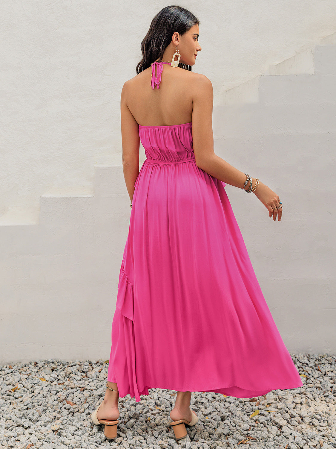 PINK BURST HALTER NECK MAXI DRESS